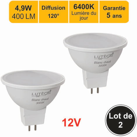 Lot de 2 ampoules LED GU5.3 (MR16) 12V 4,9W 400Lm 6400K - garantie 5 ans