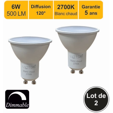 Lot de 2 ampoules LED Dimmable GU10 6W 500Lm 2700K - garantie 5 ans