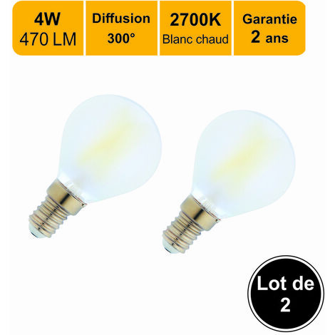 Lot de 2 ampoules LED filament E14 4W 470Lm 2700K - garantie 2 ans
