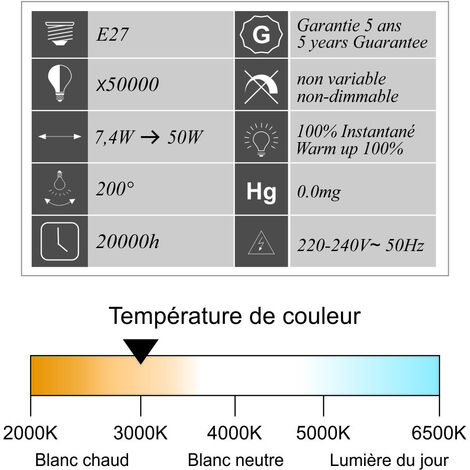 [JAMAIS UTILISÉ] Lot de 10 ampoules LED E27 7,4W 650Lm 3000K - garantie 5 ans