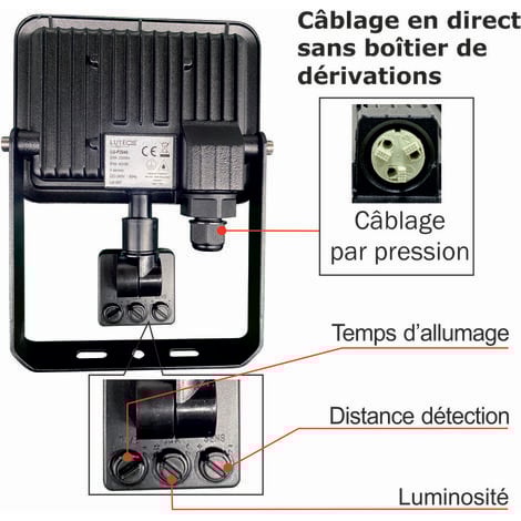 Projecteur LED 20W 2000 LM 3000K IP44 avec détecteur - garantie 5 ans