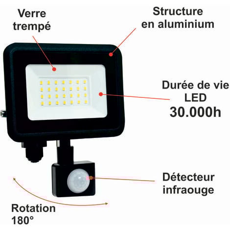Projecteur LED 20W 2000 LM 3000K IP44 avec détecteur - garantie 5 ans