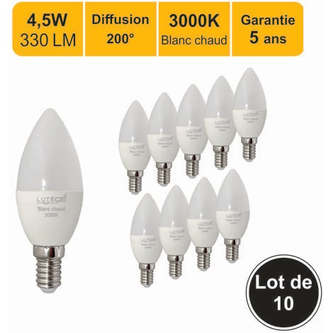 Lot de 10 ampoules LED E14 4,5W 330Lm 3000K - garantie 5 ans