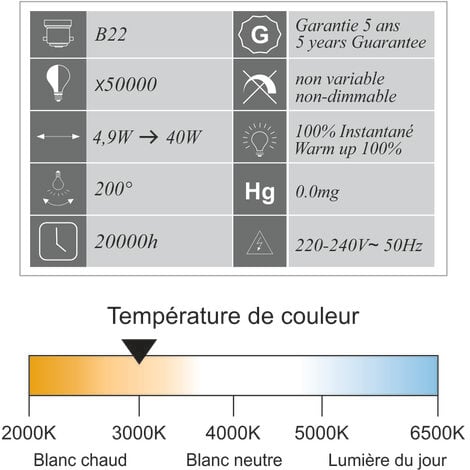 [JAMAIS UTILISÉ] Lot de 10 ampoules LED B22 4,9W 470Lm 3000K - garantie 5 ans