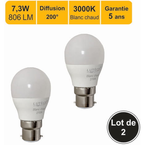 Lot de 2 ampoules LED B22 7,3W 806Lm 3000K - garantie 5 ans