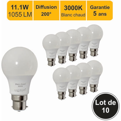 Lot de 10 ampoules LED B22 11W 1055Lm 3000K - garantie 5 ans