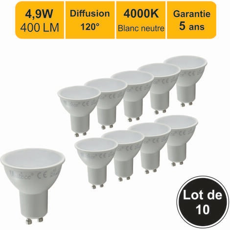 Lot de 10 ampoules LED GU10 5.5W (Eq. 50W) 4000K 38° Dimmable