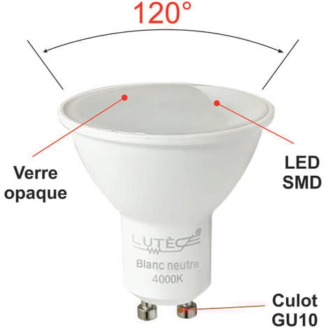 Lot de 10 ampoules LED GU10 4.9W 470Lm 4000K - garantie 5 ans