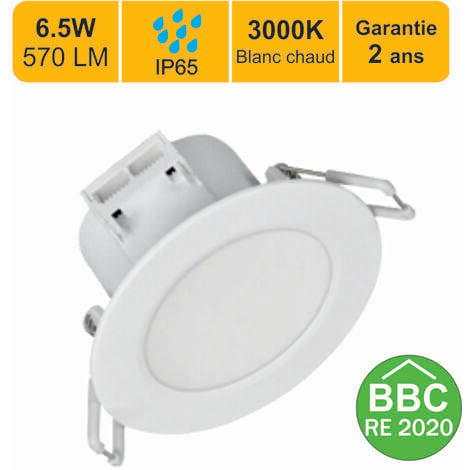 Lot de 3 spots LED encastrable IP65 - spécial salle de bain - 6.5W 570 LM  3000K - garantie 2 ans