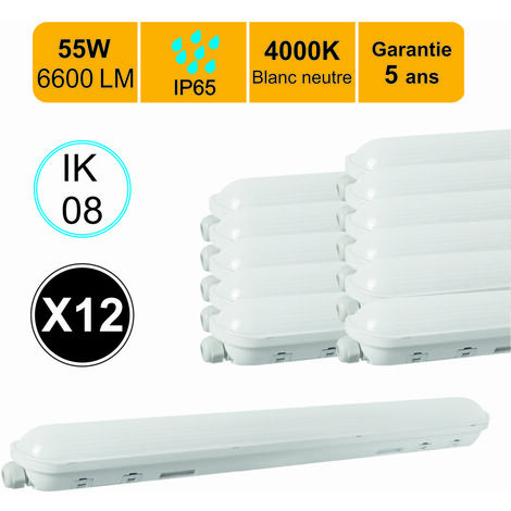 Lot de 12 réglettes LED étanche 1500mm 55W 6600 LM 4000K IP65 - interconnectable - garantie 5 ans