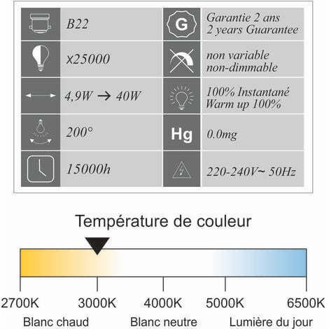 [JAMAIS UTILISÉ] Ampoule LED B22 sphérique 4,9W 470Lm 3000K - garantie 2 ans