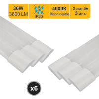 lot de 6 réglettes LED intégrée IP20 120cm 36W 3600lm -4000K lumière du jour - garantie 2 ans