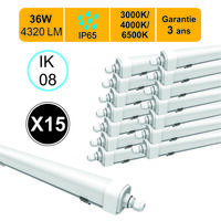 Lot de 15 réglettes LED étanche IP65 36W 4320lm - 3CCT - traversant - garantie 3 ans
