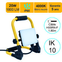 Projecteur de chantier LED 20W/IP65/IK10/1800lm/4000K câble 1,8M - garantie 5 ans