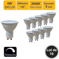 Lot de 10 ampoules LED Dimmable GU10 6W 540Lm 3000K - garantie 5 ans