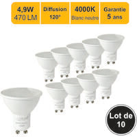 Lot de 10 ampoules LED GU10 4.9W 470Lm 4000K - garantie 5 ans