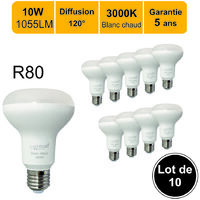 Lot de 10 ampoules LED E27 R80 10W (équiv. 75W) 1055Lm 3000K - garantie 5 ans