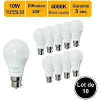 Lot de 10 ampoules LED 10W (équiv. 75W) B22 1055lm 4000K - garantie 5 ans