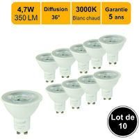 Lot de 10 ampoules LED GU10 36° 4,7W (équiv. 50W) 350Lm 3000K - garantie 5 ans