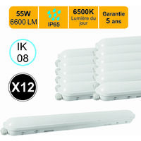 Lot de 12 réglettes LED étanche 1500mm 55W 6600 LM 6500K IP65 - traversant - garantie 5 ans