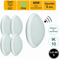 Lot de 5 appliques d'extérieur Hublot E27 à détecteur HF (mouvements et crépusculaire) rond IP44 IK10 - garantie 5 ans