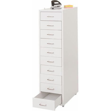 [JAMAIS UTILISÉ] Caisson a roulettes Boston T851, armoire à tiroirs armoire en acier, 110x28x41cm 10 tiroirs, blanc