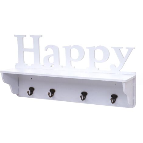 [JAMAIS UTILISÉ] Garderobe murale HHG-807 Happy, planche vestiaire, étagère, 4 crochets massifs 30x60x13cm, blanc (1/5)