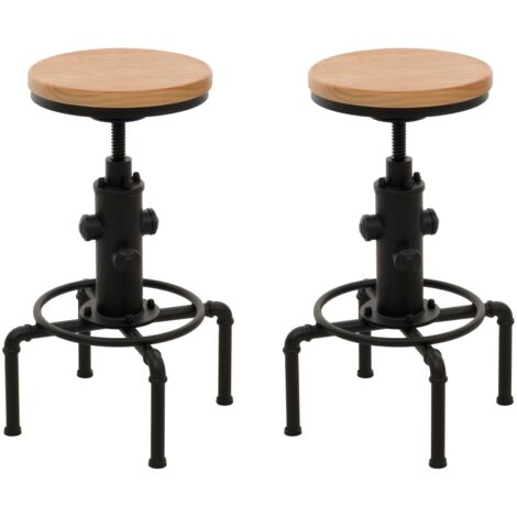 Lot de 2 tabourets de bar HHG-970, tabouret de bar réglable en hauteur pivotant repose-pieds industriel fer massif-bois, naturel (1/5)