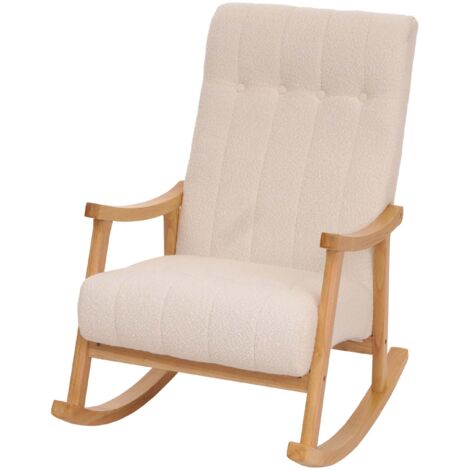 Fauteuil à bascule HHG-862, fauteuil relax, bois MVG tissu/textile bouclé (450 g/m²), crème, structure naturelle (1/5)