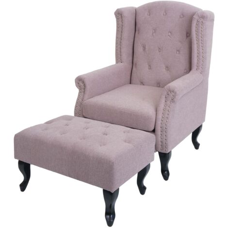 fauteuil Chesterfield, fauteuil relax fauteuil club fauteuil à oreilles, tissu/textile hydrofuge, rose clair avec ottomane