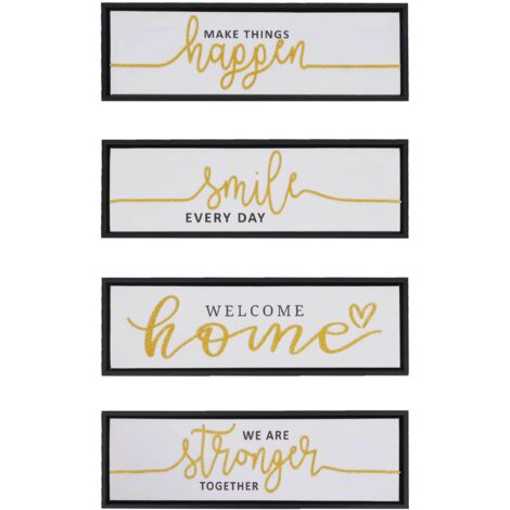 [JAMAIS UTILISÉ] Lot de 4 tableaux muraux HHG-746, décoration murale cadres photo citations Smile Home, bois toile 15x45cm (1/5)