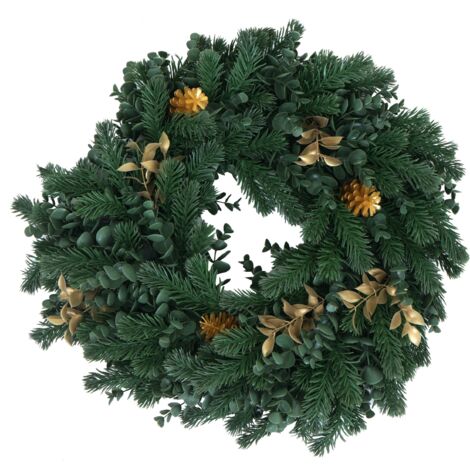 [JAMAIS UTILISÉ] Couronne artificielle HHG-599, couronne de porte, couronne de table, décoration artificielle Ø 45 cm, sapin avec pommes de pin dorées (1/5)