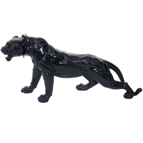 Figure de décoration léopard, 59cm, sculpture, polyrésine, noir poli fin avec collier (1/5)