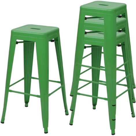 HHG – Lot de 4 tabourets de bar empilables en métal thermolaqué – Style industriel vert – Hauteur d'assise 77 cm – Sabots en plastique pour sol - HHG-844 (1/5)