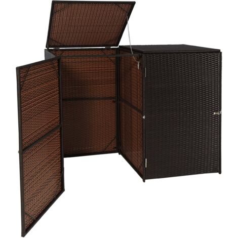 HHG – Cache-poubelle pour 2 poubelles – Boîte à poubelle en poly rotin brun – Dimensions 110x130x66 cm – Couvercle à charnière avec protection vent - 2x120l