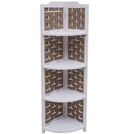 Etagère d'angle HHG-655 pliable 4 étagères, bois de paulownia 110cm, blanc, tressage blanc (1/5)