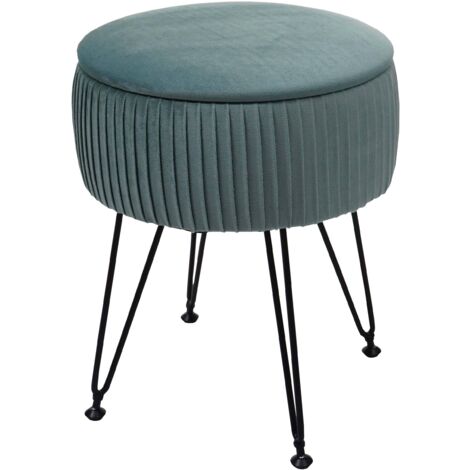 Pouf HHG-405, tabouret avec compartiment de rangement, Ø 33cm, aspect velours, vert, piètement noir (1/5)