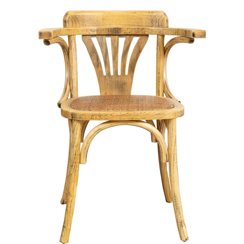 Thonet-Stuhl mit Armlehnen aus massiver Esche mit Eiche-Dekor und Rattansitz