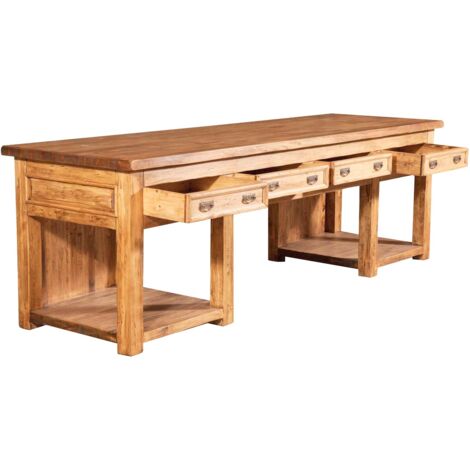 Werkbank im Country-Stil aus massivem Lindenholz mit natürlichem Finish L300xPR90xH97 cm. Made in Italy