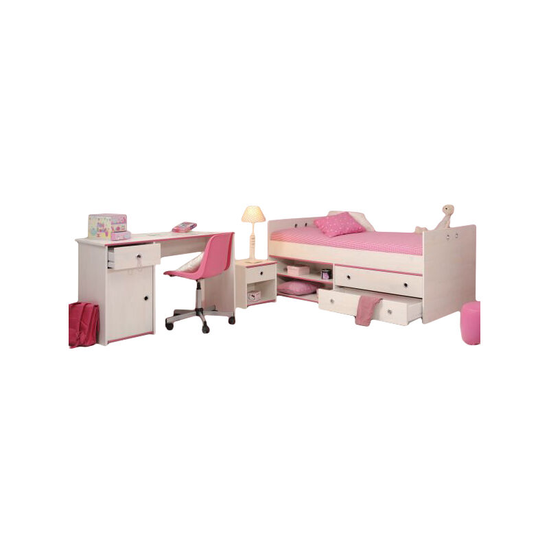 Kinderzimmer Smoozy 3-tlg Nachtkommode weiß Bett Parisot + Schreibtisch 