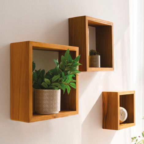 Lot de 3 Etagères Murales en Bois Teck Huilée Carrée - 18x120x230/265/300mm - Etagère de Bureau, Cuisine, Salle de bain, Salon (1/5)