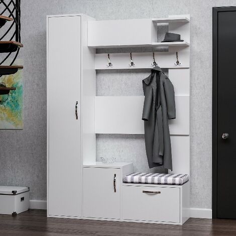 Seina Hall Unit Closet Coat Rack Shoe Bench With Doors Shelves White Made In Wood 125 X 35 X 184 Cm Hio8681285946515