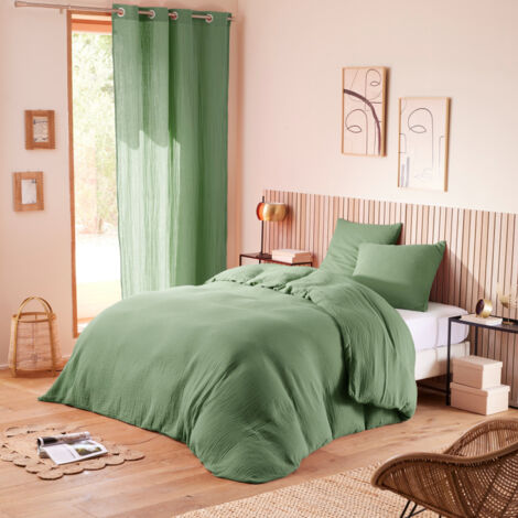 Parure de lit double gaze de coton 260 x 240 cm – Housse de couette et 2 taies 65 x 65 cm – Couleur olive – Certifiée Oeko-Tex®