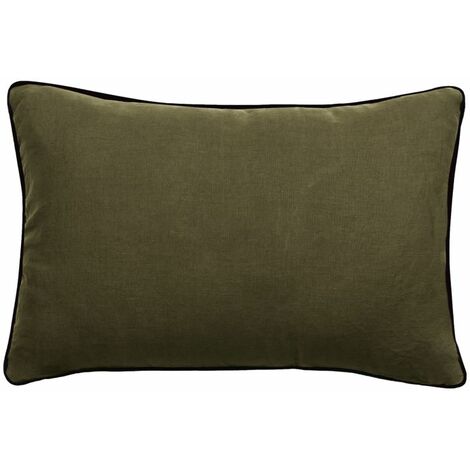 Housse de coussin Lin lavé - Doublé coton lavé - Finition galon noir "Prélude" Vent du sud - Prélude Kaki - Housse de coussin 40 x 60 cm