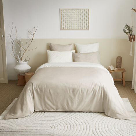 Parure De Lit Complète 4 Pièces 140x200 Cm - Coton 57 Fils/cm², Réversible Lin/blanc - Pour Lit 90x190 Cm