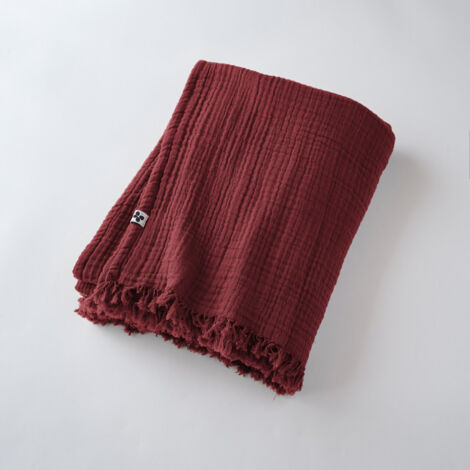 Plaid à franges "Gaïa" toutes dimensions "Gaze de Coton" - Couleur: Gaïa Lie de Vin - Taille de plaid: 130 x 160 cm