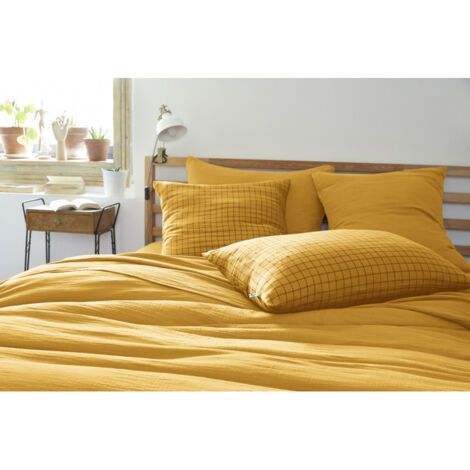 Taie d'oreiller Tissé-teint petits carreaux Déco "Gaïa Mix" 60 x 60 cm & 50 x 70 cm "Gaze de Coton" - Couleur: Gaïa Mix Safran - Taille de taie d'oreiller: 50 x 70 cm