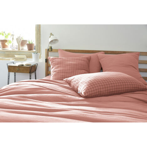 Taie d'oreiller Tissé-teint petits carreaux Déco "Gaïa Mix" 60 x 60 cm & 50 x 70 cm "Gaze de Coton" - Couleur: Gaïa Mix Rose Pêche - Taille de taie d'oreiller: 60 x 60 cm