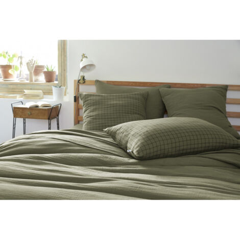 Taie d'oreiller Tissé-teint petits carreaux Déco "Gaïa Mix" 60 x 60 cm & 50 x 70 cm "Gaze de Coton" - Couleur: Gaïa Mix Romarin - Taille de taie d'oreiller: 60 x 60 cm