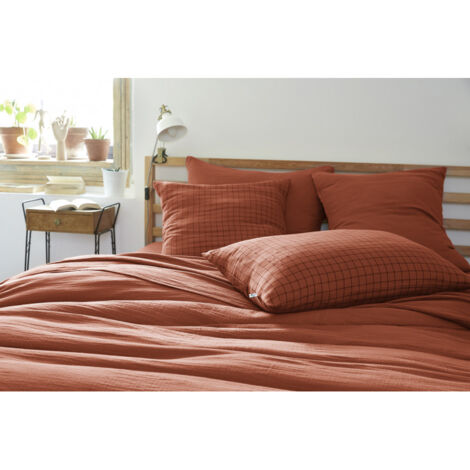 Taie d'oreiller Tissé-teint petits carreaux Déco "Gaïa Mix" 60 x 60 cm & 50 x 70 cm "Gaze de Coton" - Couleur: Gaïa Mix Terracotta - Taille de taie d'oreiller: 50 x 70 cm